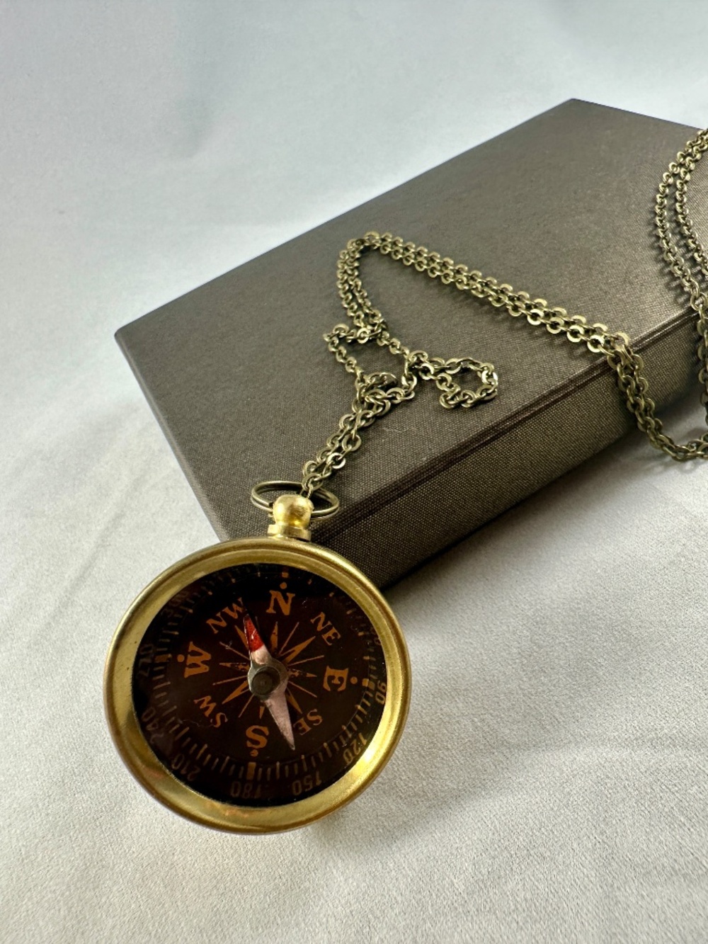Long Antique Gold Tone Compass Pendant Travel Quote Necklace
